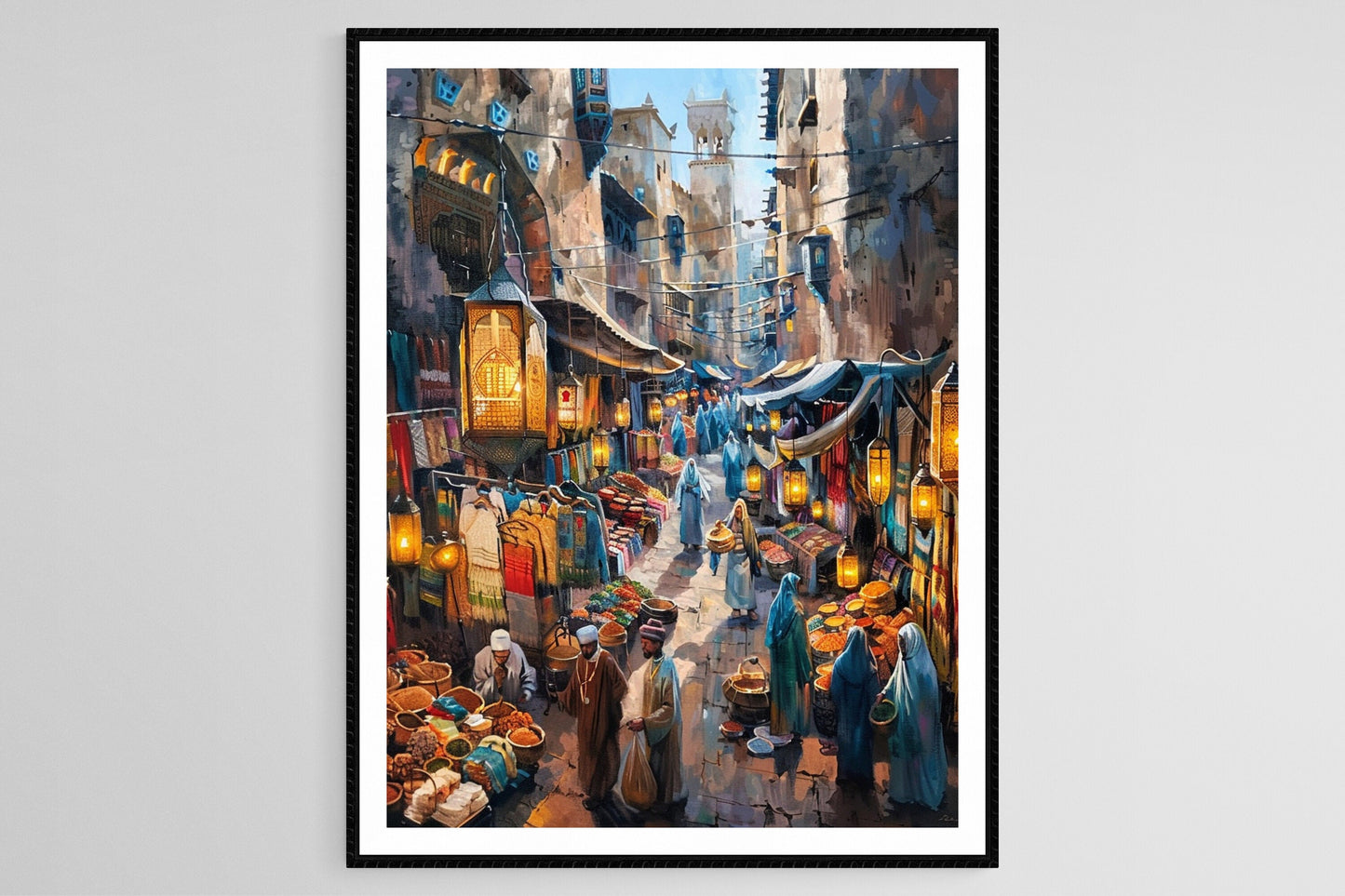 Affiche Souk Marocain – Poster Marché Vibrant de Spices et Lanternes