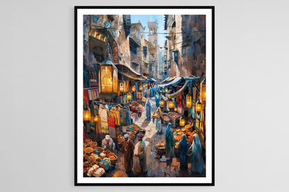 Affiche Souk Marocain – Poster Marché Vibrant de Spices et Lanternes
