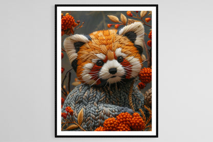 Affiche Panda Rouge – Art Brodé Animal, Décoration en Cerceau