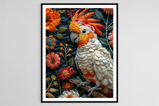 Affiche Cacatoès Umbrella – Poster Broderie Colorée et Naturelle