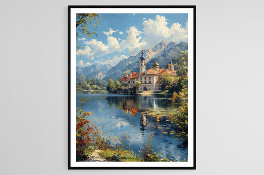 Affiche Château de Mir – Impression artistique d'architecture avec lac serene