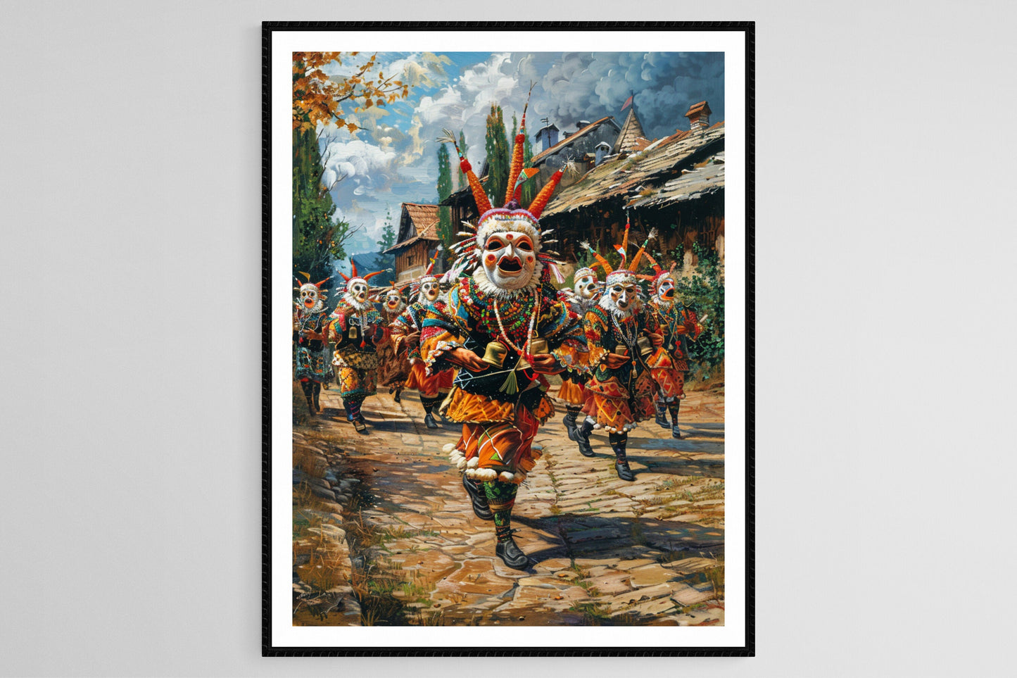 Affiche Kukeri – Tableau traditionnel du festival bulgare avec masques détaillés