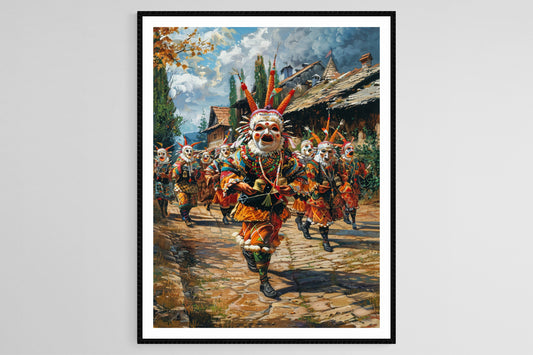 Affiche Kukeri – Tableau traditionnel du festival bulgare avec masques détaillés
