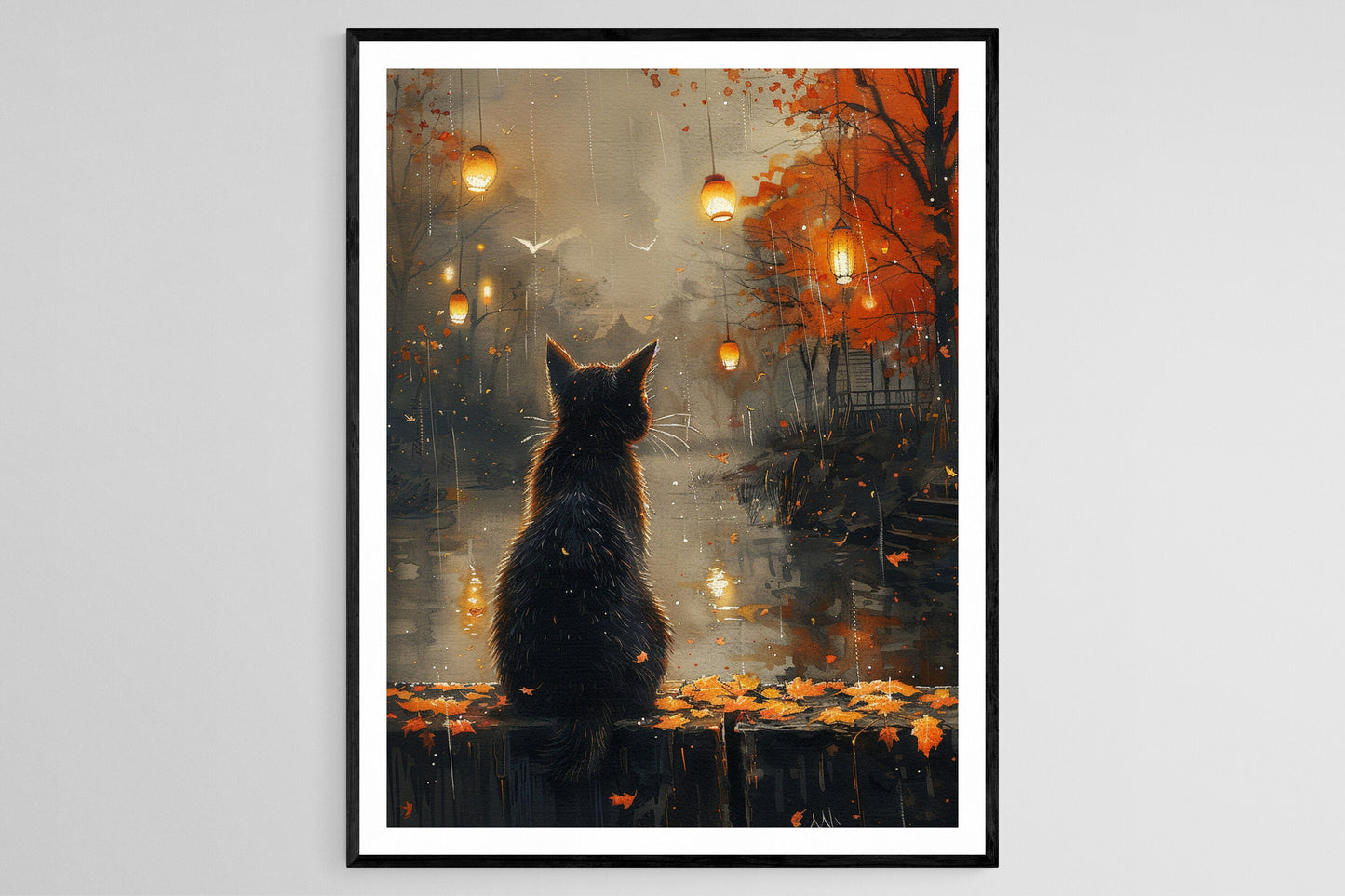 Affiche Chat Joueur et Lanternes – Peinture Aquarelle Japonaise