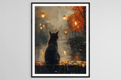 Affiche Chat Joueur et Lanternes – Peinture Aquarelle Japonaise