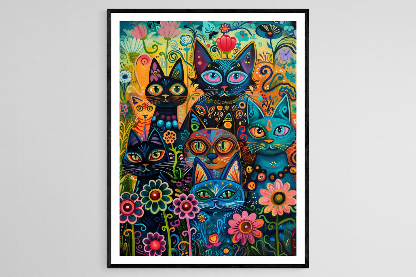 Affiche Chats Fantaisistes à la Fête – Peinture Éclatante Inspirée de Louis Wain