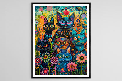 Affiche Chats Fantaisistes à la Fête – Peinture Éclatante Inspirée de Louis Wain