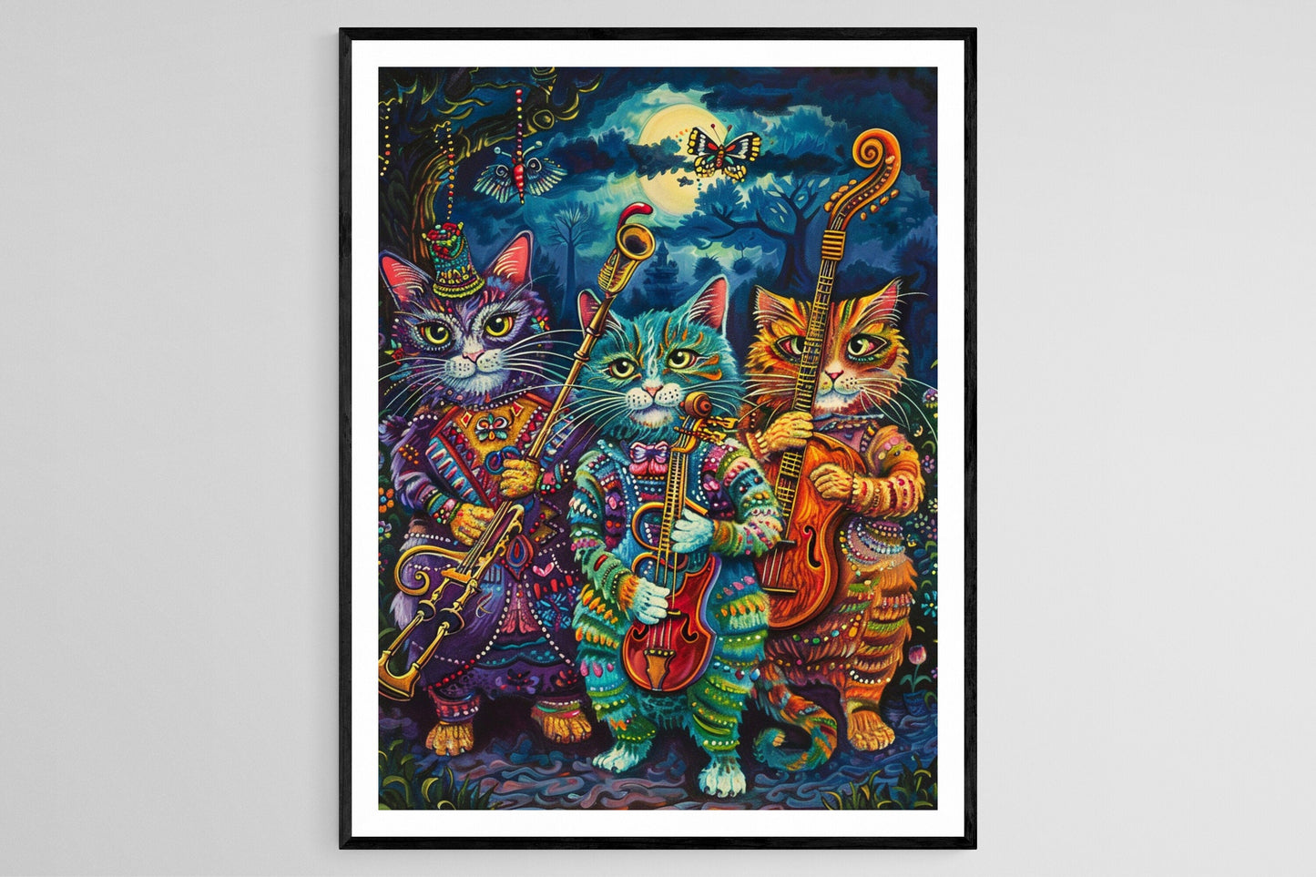 Affiche Chats Colorés Jouant des Instruments – Art Éblouissant à la Louis Wain