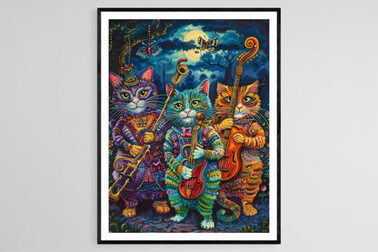 Affiche Chats Colorés Jouant des Instruments – Art Éblouissant à la Louis Wain
