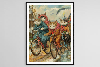 Affiche Chats à Vélo – Art Ludique dans le Style Louis Wain