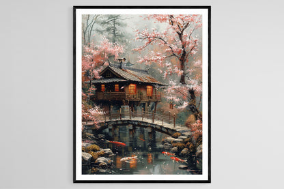 Affiche Jardin Zen – Poster Peinture Pont en Pierre et Fontaine en Bambou
