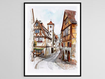 Affiche Rothenburg ob der Tauber – Illustration de ville médiévale allemande