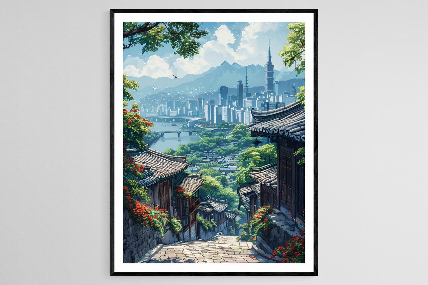 Affiche Nostalgique de Séoul – Peinture Hanoks et Silhouette Moderne