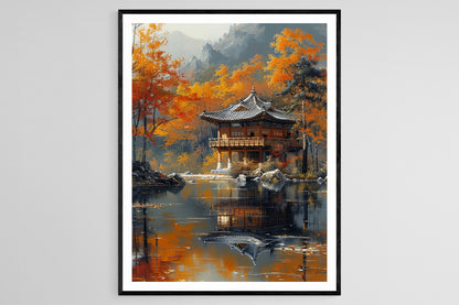 Affiche Pagode Coréenne – Peinture de Temple avec Reflets Tranquilles