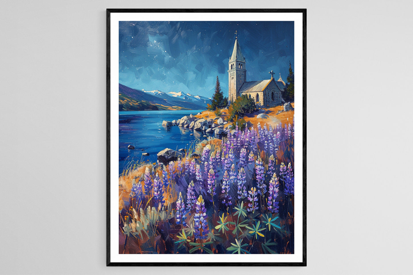 Affiche Lac Tekapo – Tableau Vibrant avec Fleurs de Lupin en Fleurs