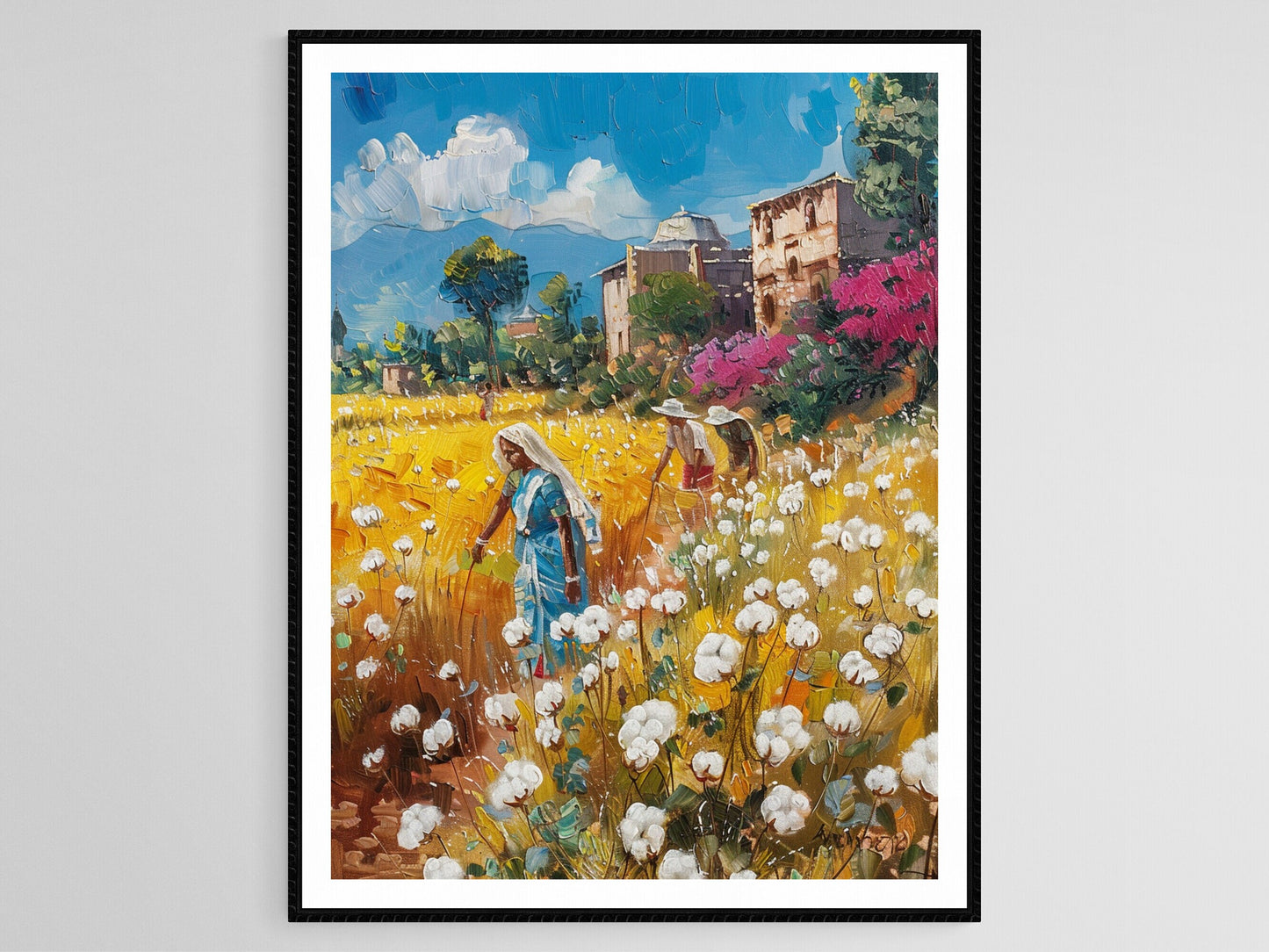 Affiche Fermiers de Coton Indiens – Poster Peinture Village Colorée
