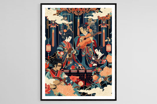 Affiche Musiciens Kabuki – Poster Peinture Instruments Traditionnels