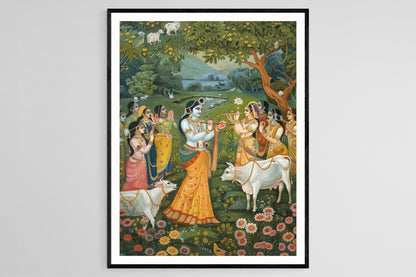 Affiche Krishna Jouant de la Flûte – Poster Scène Pastorale Divine