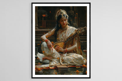 Affiche Saraswati – Poster de la déesse du savoir jouant de la veena