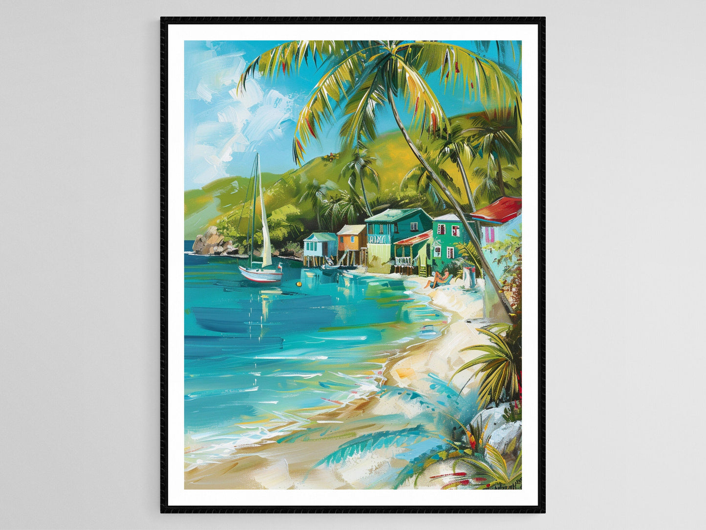 Affiche Îles Vierges – Poster Scène de Plage Tropicale avec Huts Colorés