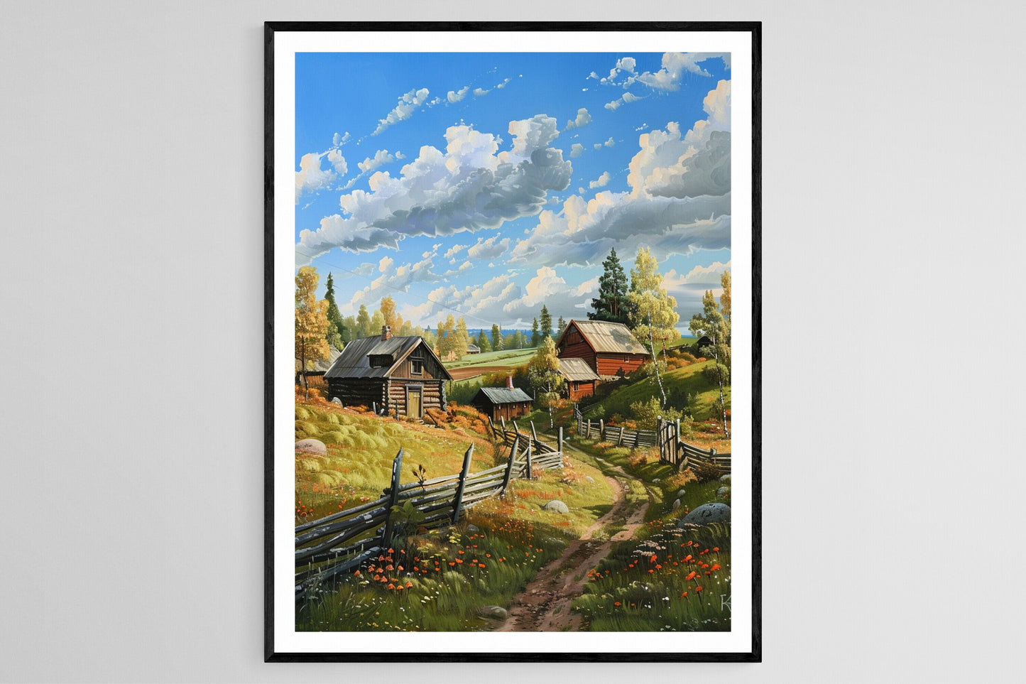 Affiche Village Finnois Charmant – Poster Peinture Maisons Traditionnelles