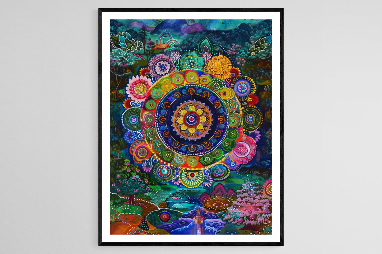 Affiche Peinture Tibétaine – Mandalas Intriqués et Symboles Bouddhistes