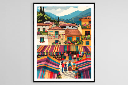 Affiche Marché Otavalo – Poster Art Textile Coloré et Culture Indigène