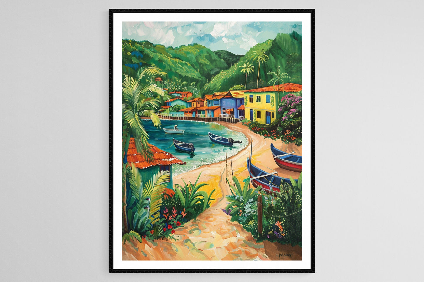 Affiche Village Côtier Équatorien – Impression Art de Canoa avec Cabines Colorées et Bateaux de Pêche