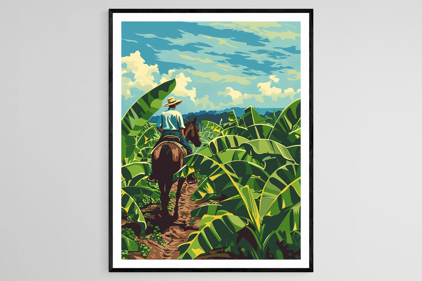 Affiche Équateur – Poster Art Agricole: Fermier de Bananes à Cheval
