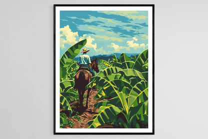 Affiche Équateur – Poster Art Agricole: Fermier de Bananes à Cheval