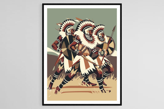 Affiche Danse de Guerre Zouloue – Art Traditionnel et Performance Dynamique