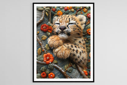 Affiche Léopard des Neiges – Poster Peinture Brodée Colorée et Animée