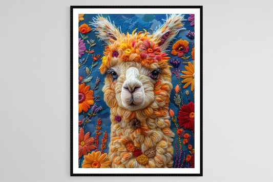 Affiche Alpaga en Broderie – Poster Nature Colorée et Vive