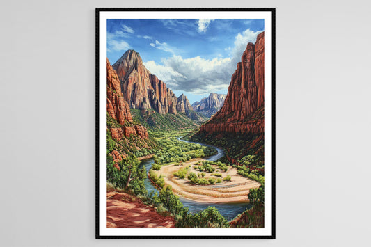 Affiche Zion National Park – Impression artistique des falaises rouges et rivières sinueuses
