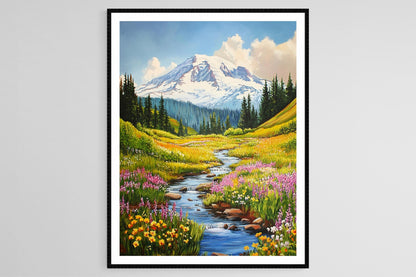 Affiche Mont Rainier – Impression Art, Sommet Enneigé et Prairies Fleuries