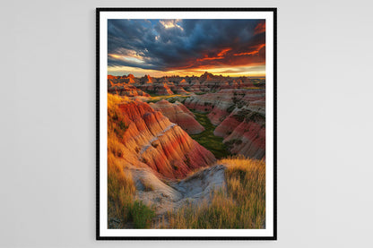 Affiche Badlands – Impression artistique des formations rocheuses et ciel dramatique