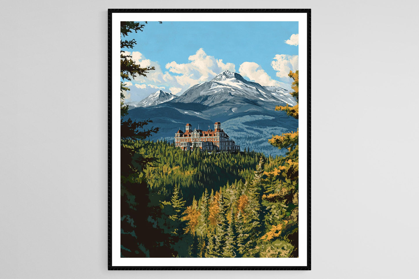 Affiche Mont Washington – Poster Art de New Hampshire avec Pic Neigeux et Hôtel Historique