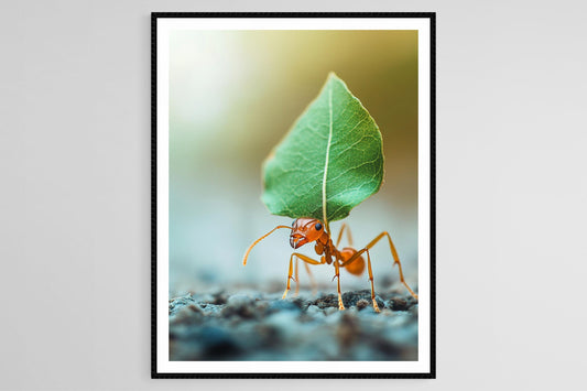 Affiche Fourmi portant une feuille – Impression macro détaillée
