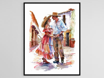 Affiche Bachata – Poster Danseurs en Tenue Traditionnelle Aquarelle