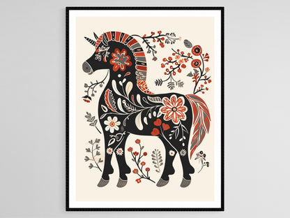 Affiche Cheval Dala – Poster Design Kurbits Floral Scandinave