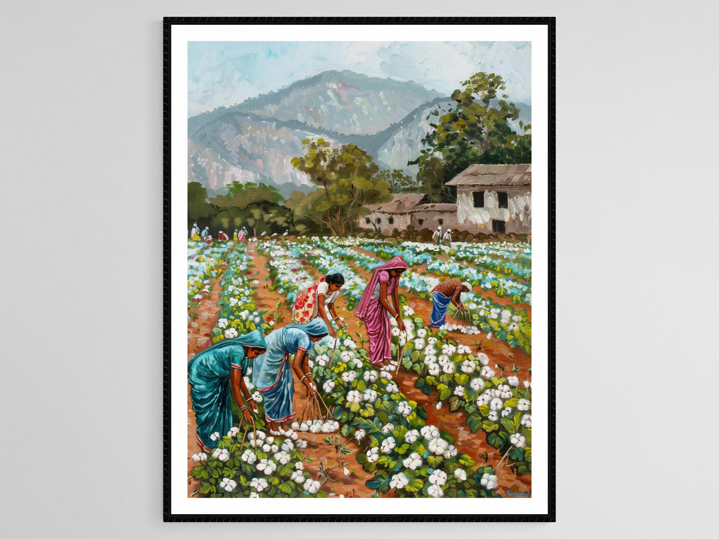 Affiche Village Indien – Poster Art Rurale des Champs de Coton Vibrants