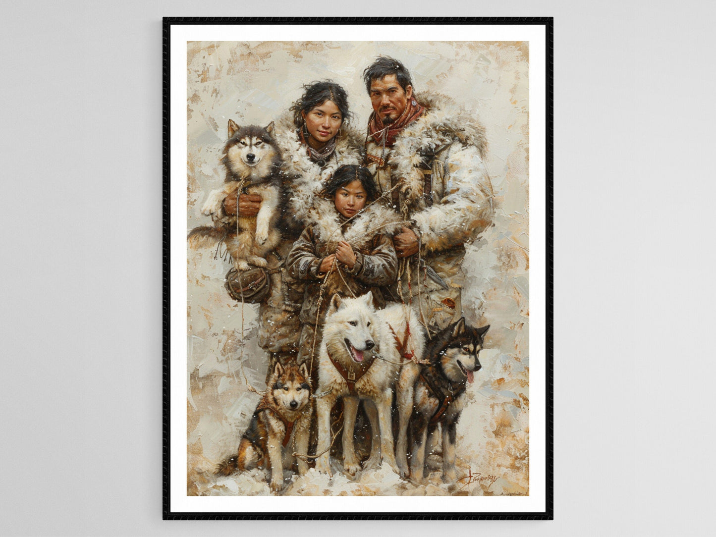 Affiche Inuit – Poster Peinture culturelle de famille avec chiens de traîneau