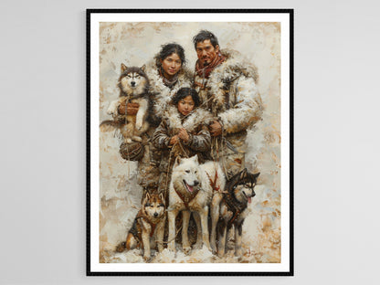Affiche Inuit – Poster Peinture culturelle de famille avec chiens de traîneau
