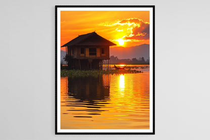 Affiche Inle Lake – Poster Art des maisons sur pilotis traditionnelles