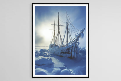 Affiche Pôle Nord – Impression d'art, épave gelée, soleil d'hiver