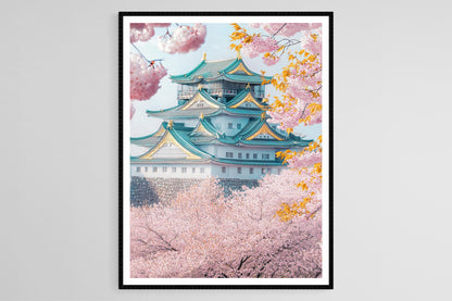 Affiche Château de Nagoya – Poster Art Japon, Shachihoko Doré, Cerisiers