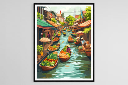Affiche Marché Flottant de Bangkok – Impression Art Colorée, Thaïlande