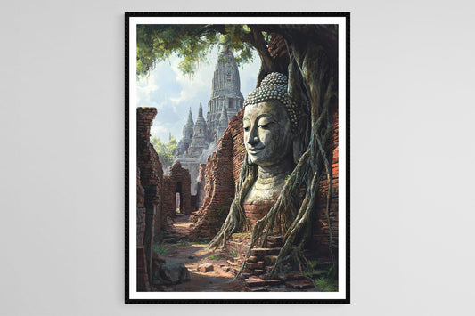 Affiche Ruines d'Ayutthaya – Poster Temples Anciens et Tête de Bouddha