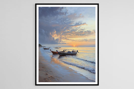 Affiche Hua Hin – Impression Art du Lever du Soleil avec Bateaux de Pêche