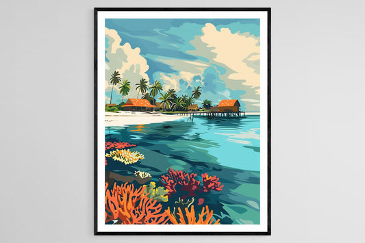 Affiche San Blas – Poster Art des îles, Cabanes Traditionnelles, Eaux Turquoise